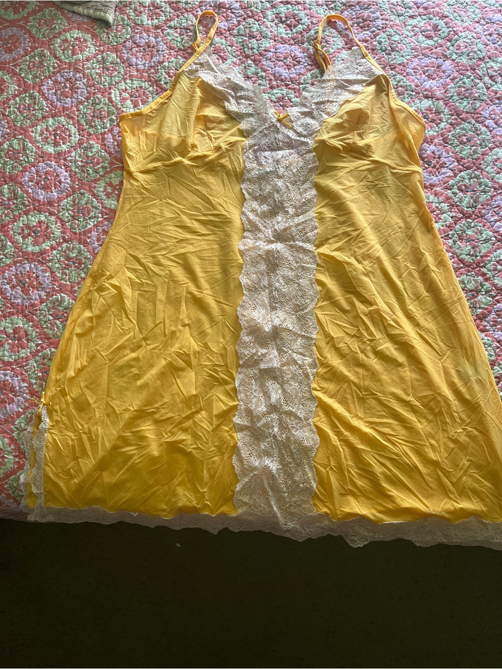 Victoria's Secret Yellow Slip Nightgown with White Lace Trim